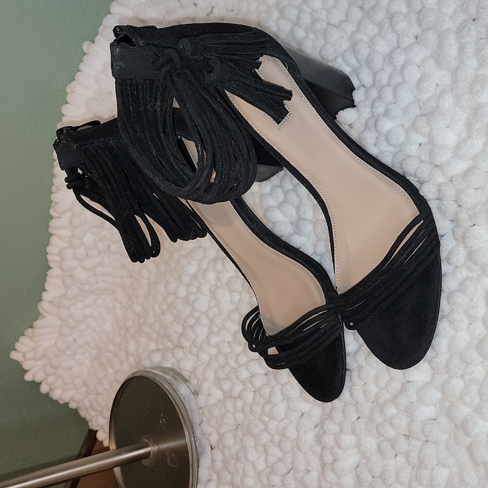 Black Ankle Strapped Heels, zip up at back heel. Straps around the ankle.